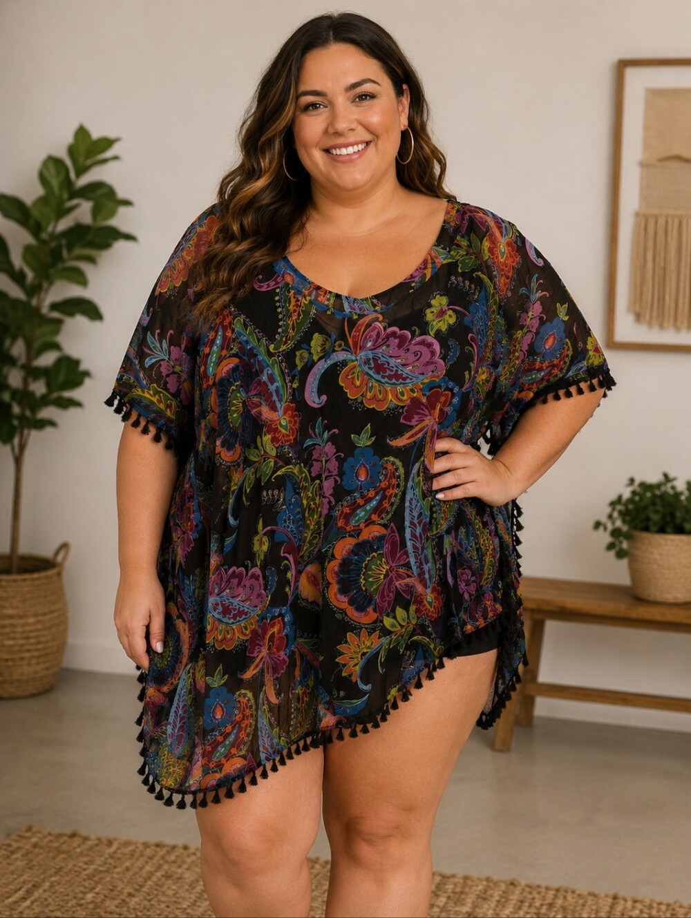 Black Floral Paisley Tassel Kimono Cover-Up